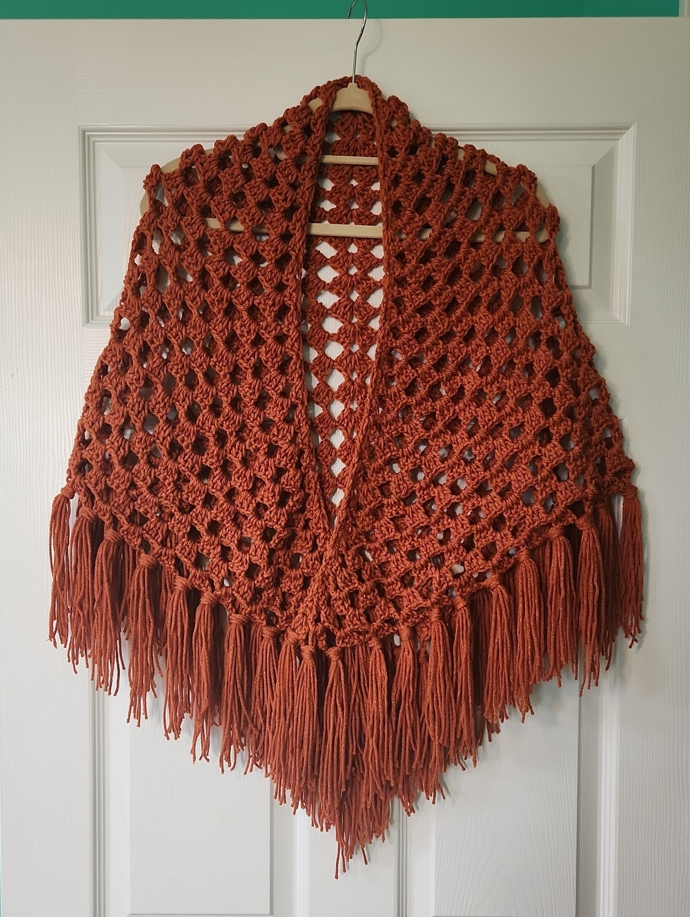 Handmade Crochet Fringe Shawl - Rust Orange
